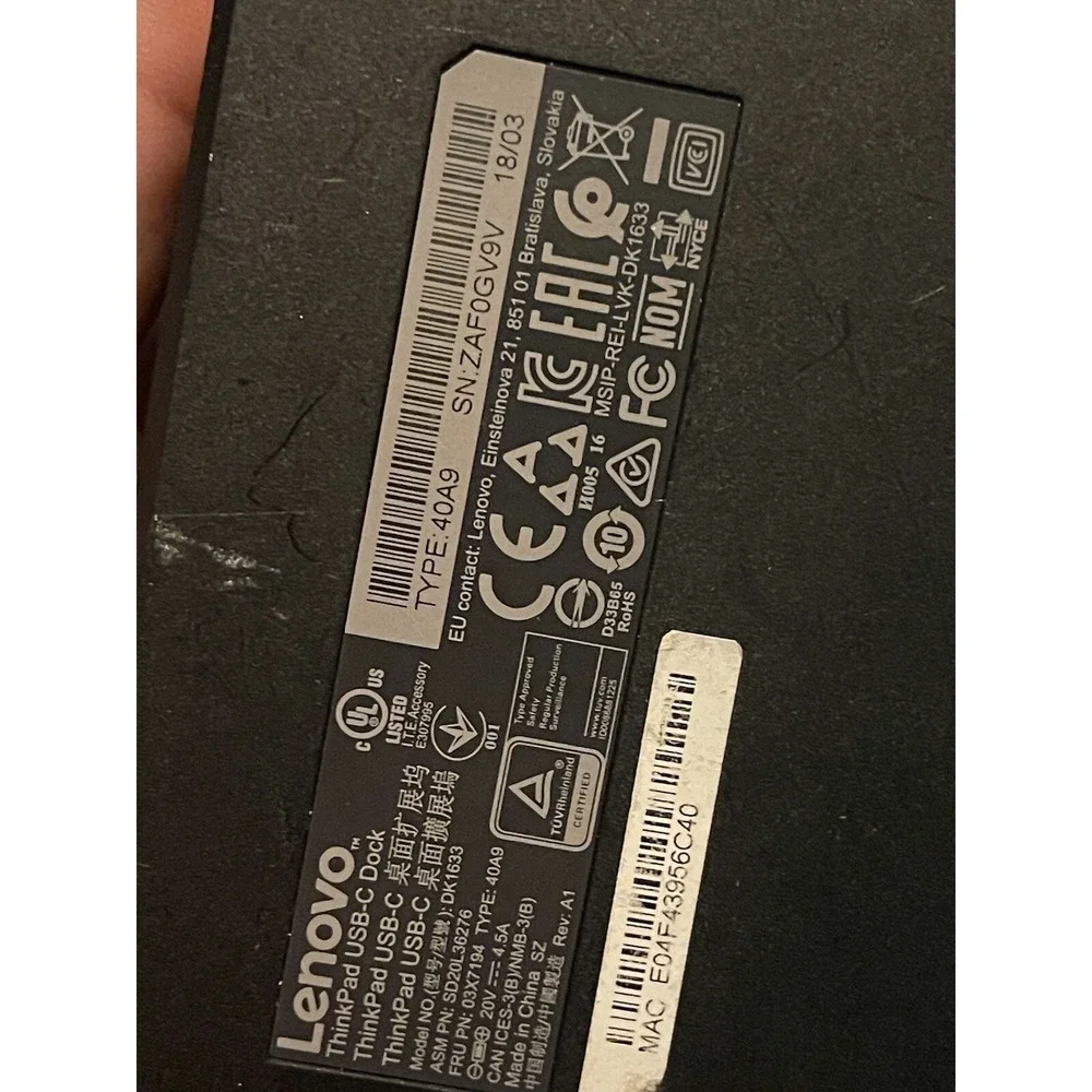 LENOVO ThinkPad USB-C Dock DK1633 (No Power Adapter, No Cords)